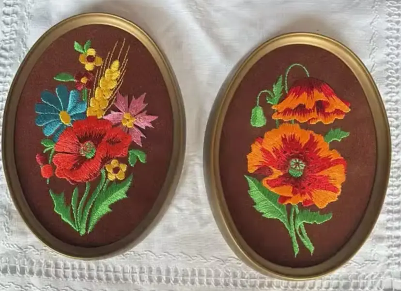 Easthill Vintage Framed Embroidered Floral Wall Hangings with Poppies