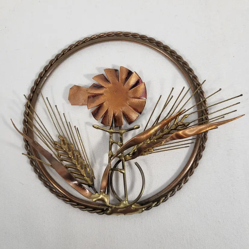 Vintage Copper Brass Windmill Wheat Metal Art Wall Decor Sculpture 5.5"