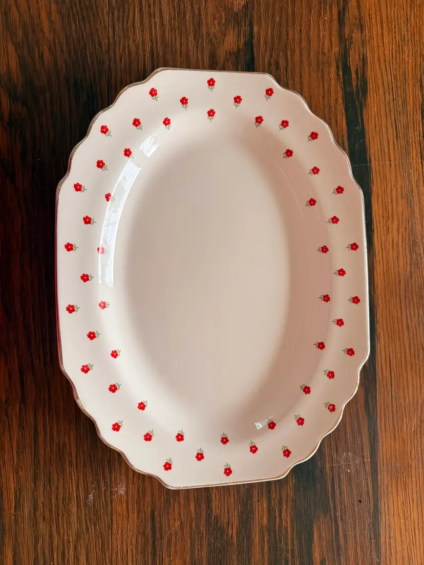 Vintage W.S. George Lido White Blushing Rose Oval Serving Platter | Red Floral Rim | Mid-Century American Pottery | 12 x 9 Inch Serving Dish