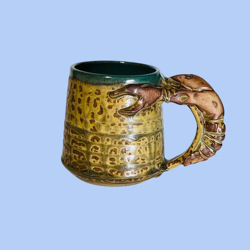 #258- Pottery Mug Crawfish Handcrafted Stoneware by Wortman Pottery Duson, Louisiana Green Interior Signed