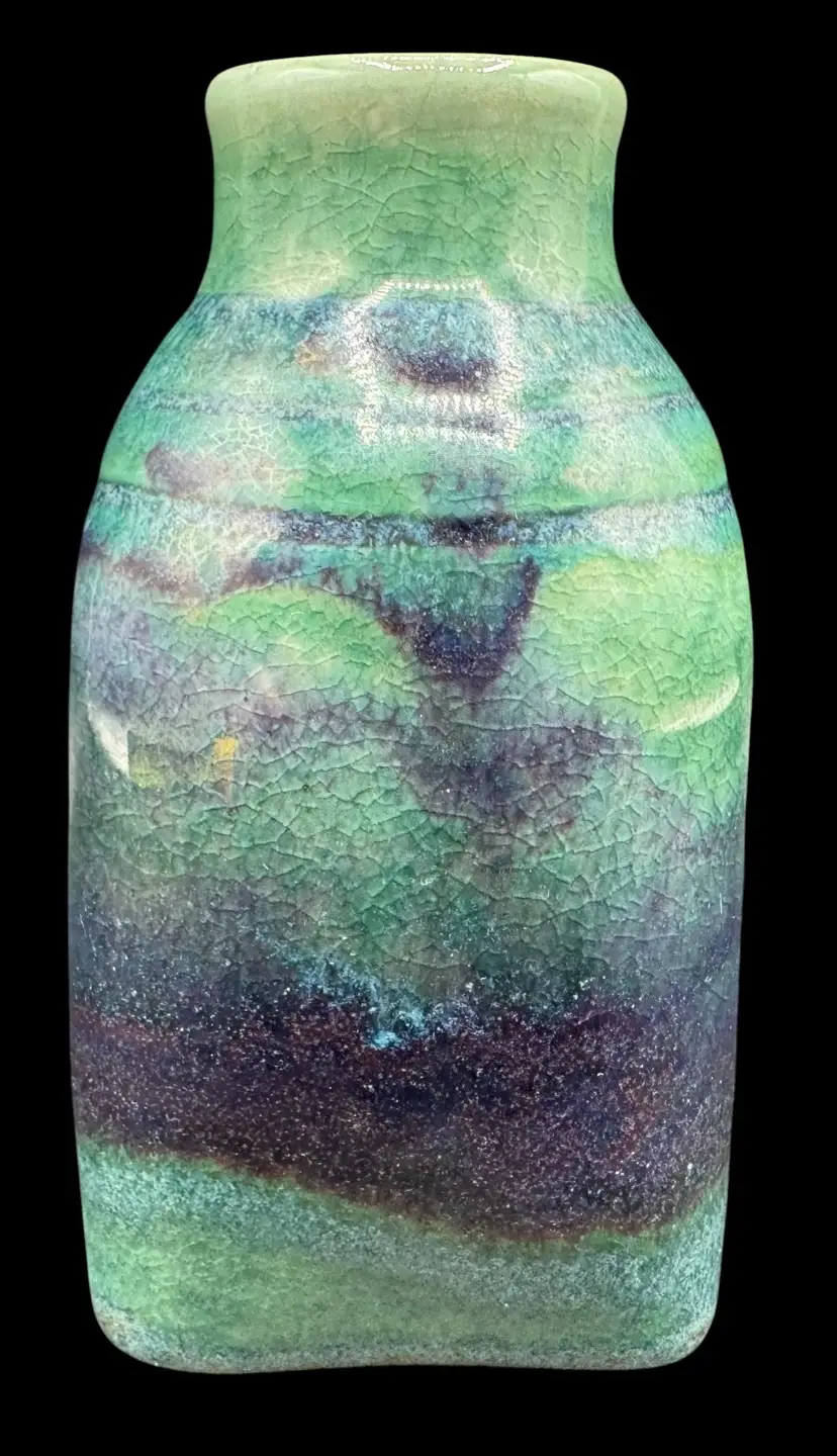 Signed Studio Art Pottery Vase Drip Glaze Green Blue Purple Crazed 5”