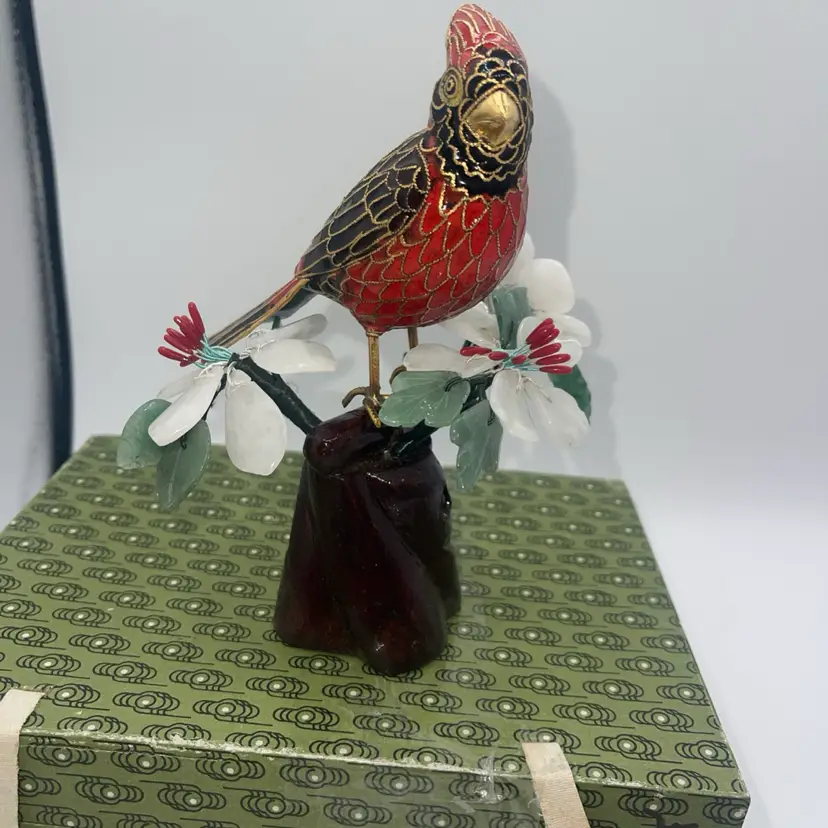 24-Red & Black Cloisonné Cardinal On Branch Jade Glass Bonsai Cherry Blossom