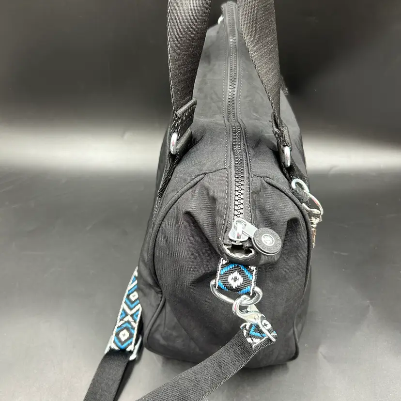 Kipling Black Nylon Satchel Handbag Crossbody Patterned Strap 15 Inch