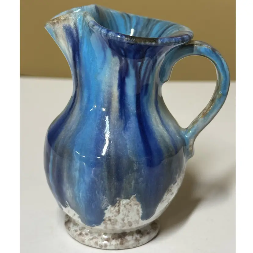 Italian Blue Drip Glaze Art Pottery Creamer Miniature Pitcher 4”