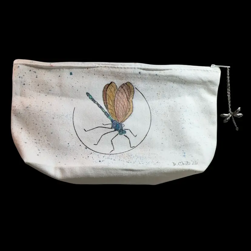 “Dragonfly ” Watercolor Original  Zippered Pouch With An Iridescent Dragonfly And Attached Dragonfly Charm 10 1/2”x 5”x 2”