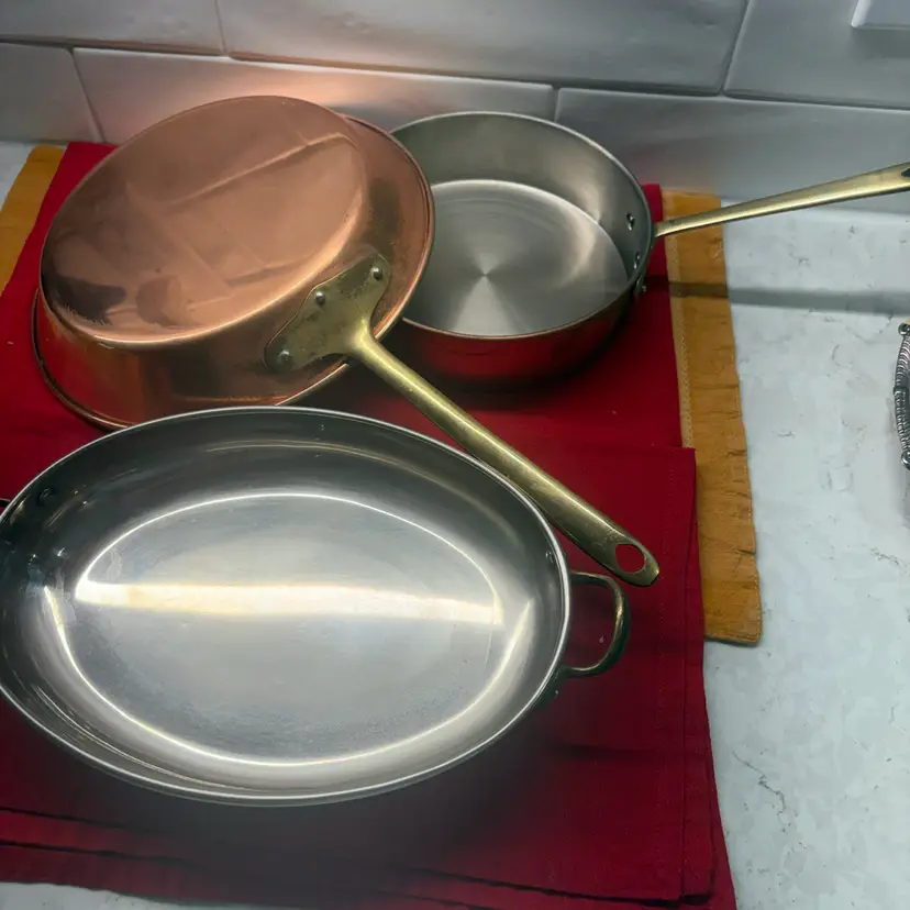 Vintage Set 3 Copper Pans Brass Handles - Lined Saute, Skillet, Gratin