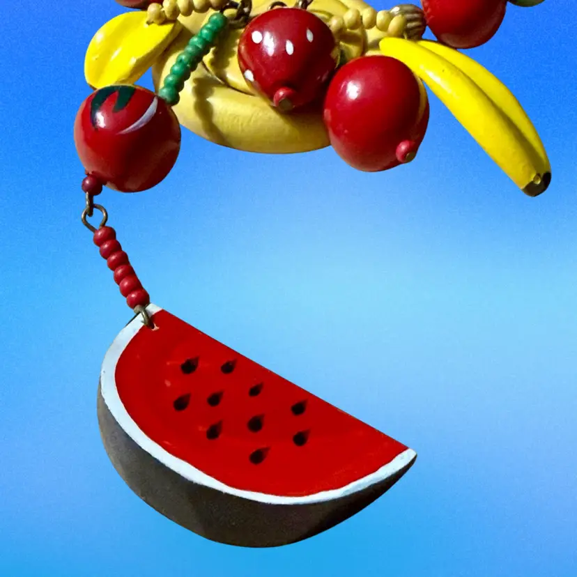 Vintage Fruit Salad Kitsch Watermelon Banana Strawberry Hand Painted Red Wooden Necklace