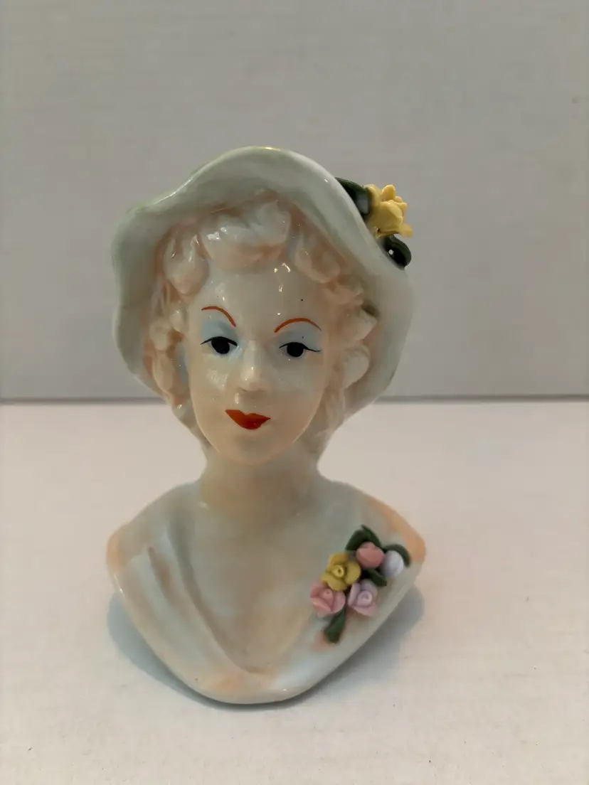 Vintage MCM Lady Head Vase Yellow & Pink Flowers Ceramic Small Size Unmarked