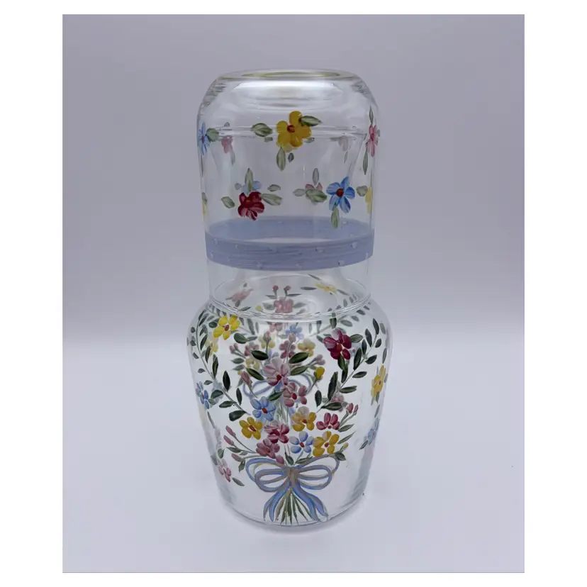 Hand Painted Tumble Up Floral Design Clear Glass Bedside Carafe Unmarked 7.25"
