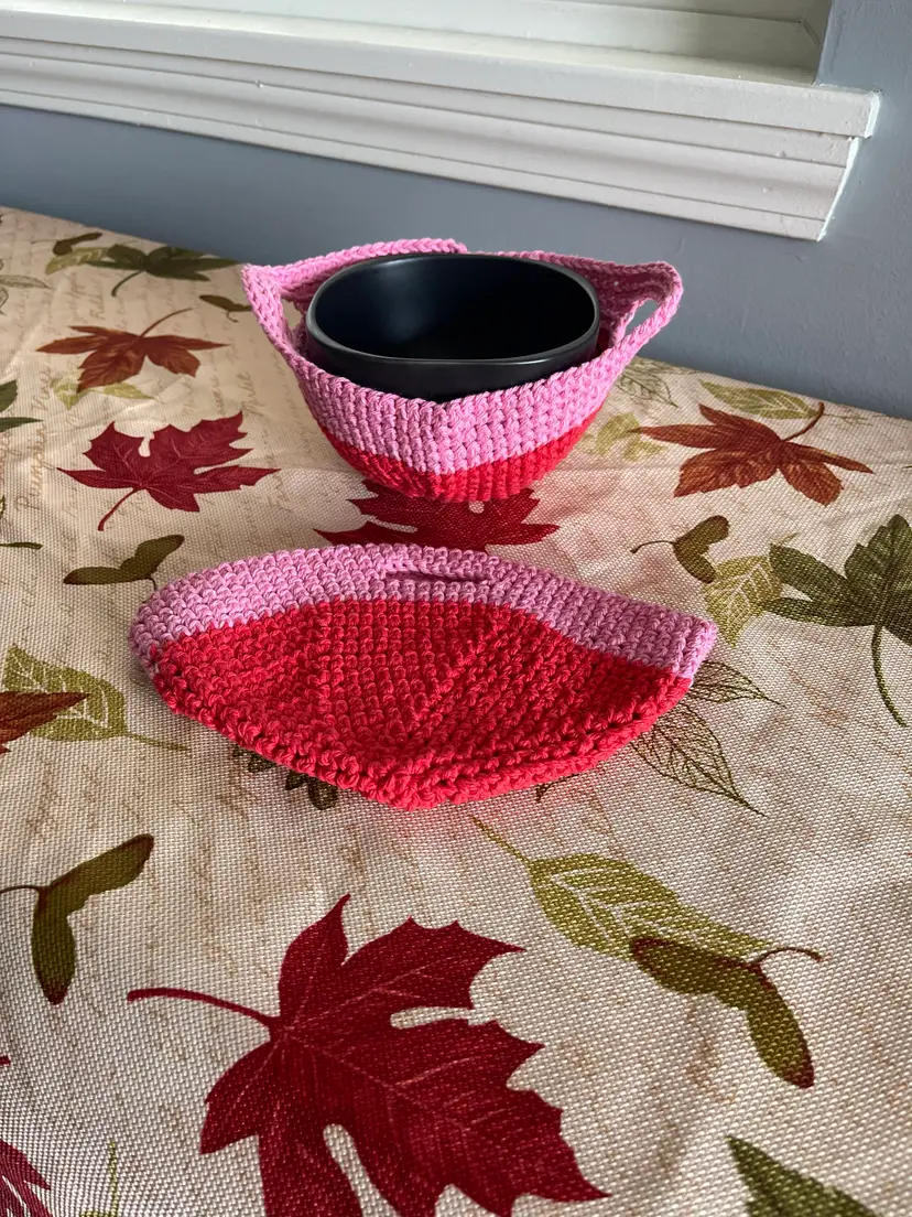 Crocheted Pink Bowl Cozy Set