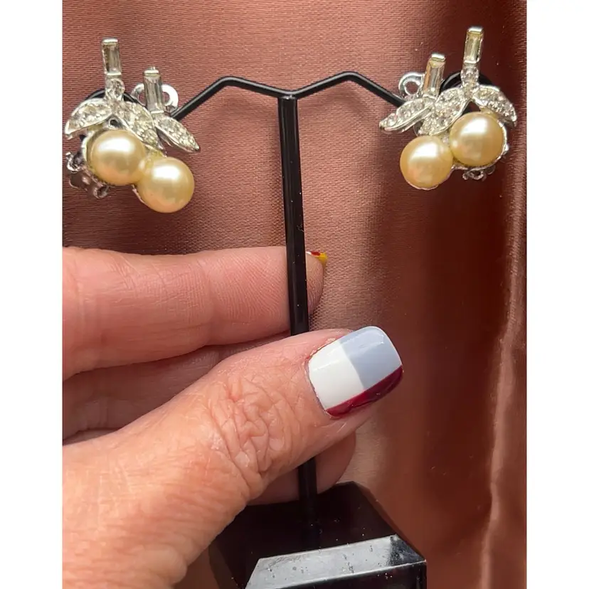Vintage Faux Pearl Cherry Clip-On Earrings Silver Tone Rhinestone Leaves