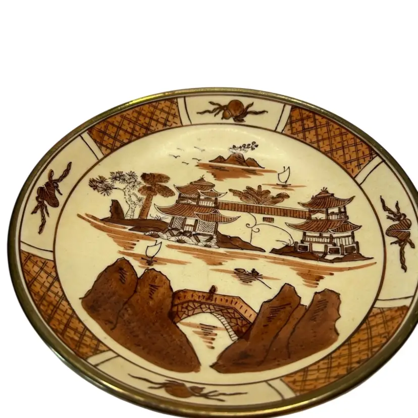 Hong Kong Handpainted Porcelain Bowl Encased In Brass Exterior Cream And Browns 7 1/2” Diameter
