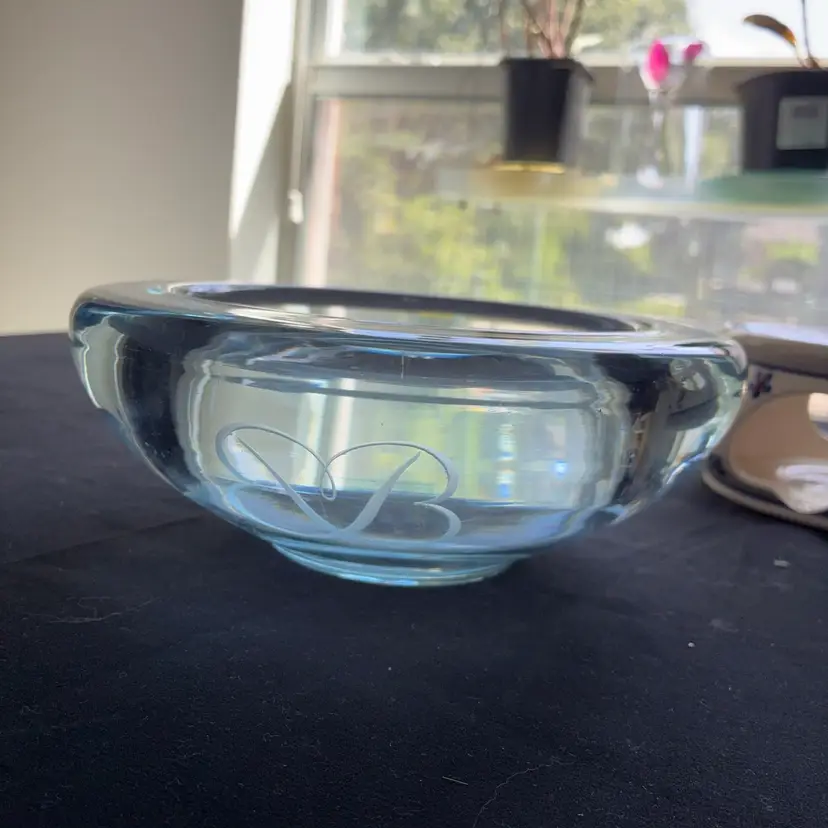 Orrefors Sweden Ice Blue Glass Bowl With Etched Butterfly Or Double B Design