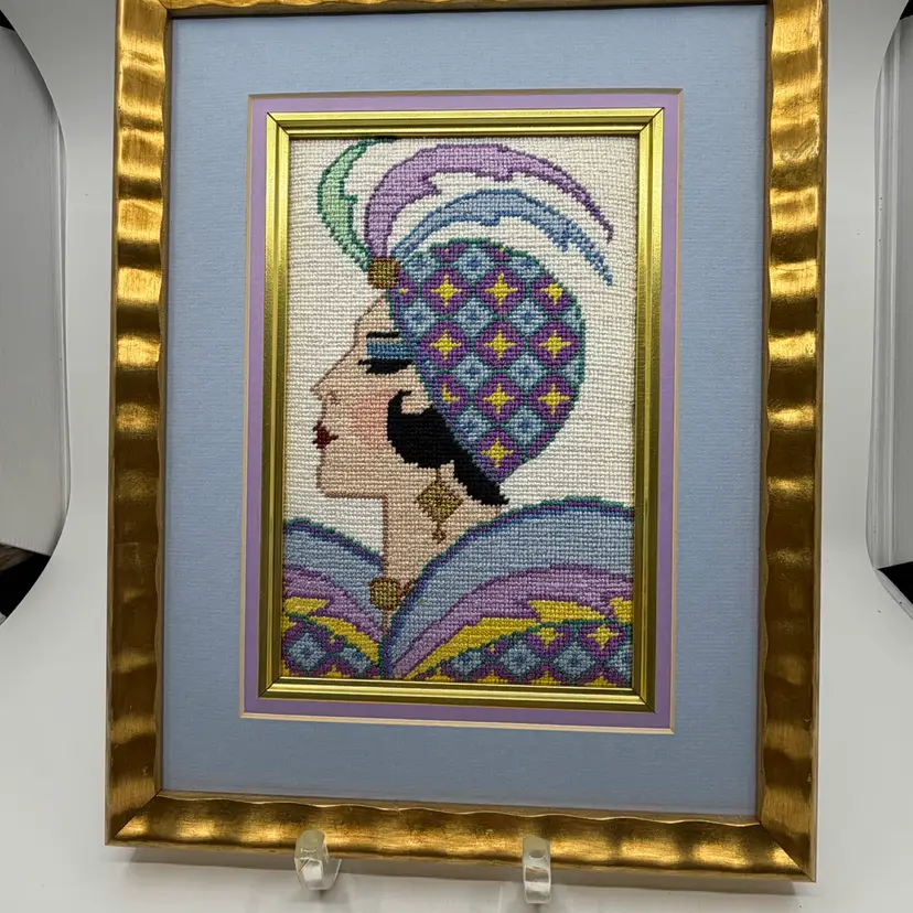 Framed Needlepoint Art Deco 20s Flapper Vogue Lady In Geometric Feather Turban