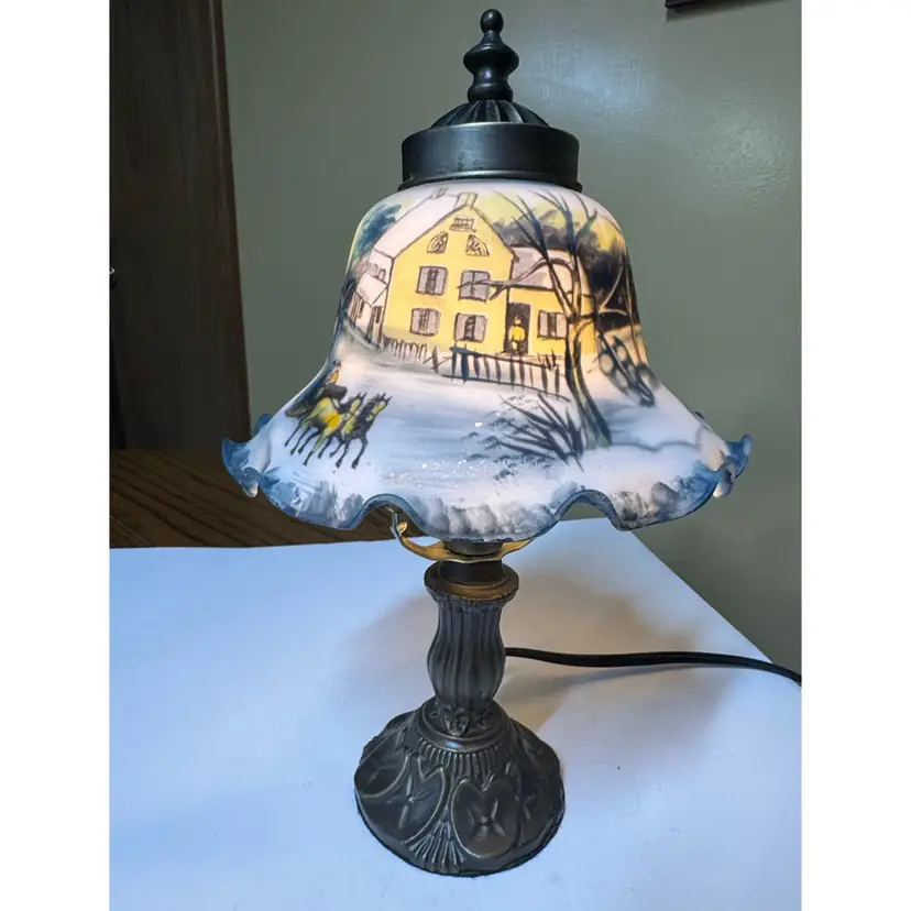 Currier & Ives Lamp – Painted Glass Winter Scene, Metal Base 12.25” tall