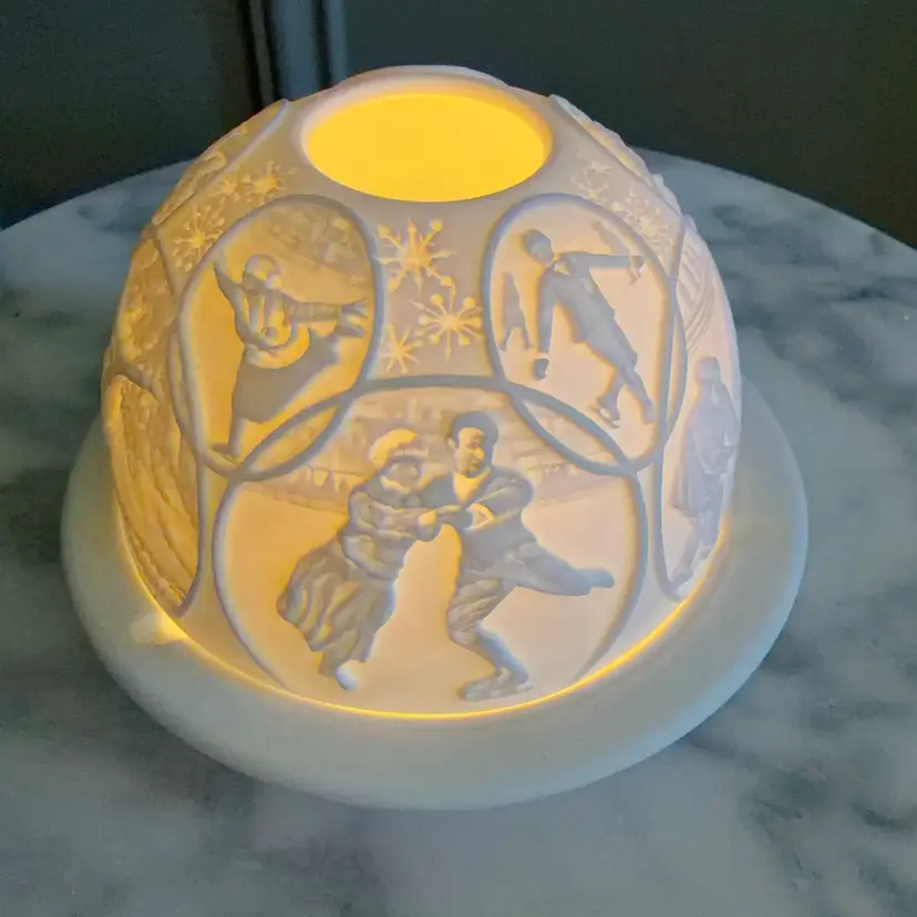 🔔 Bernardaud Limoges France Bisque Porcelain Lithophane Fairy Lamp Votive Candle Holder -Winter Sports/Olympics Theme