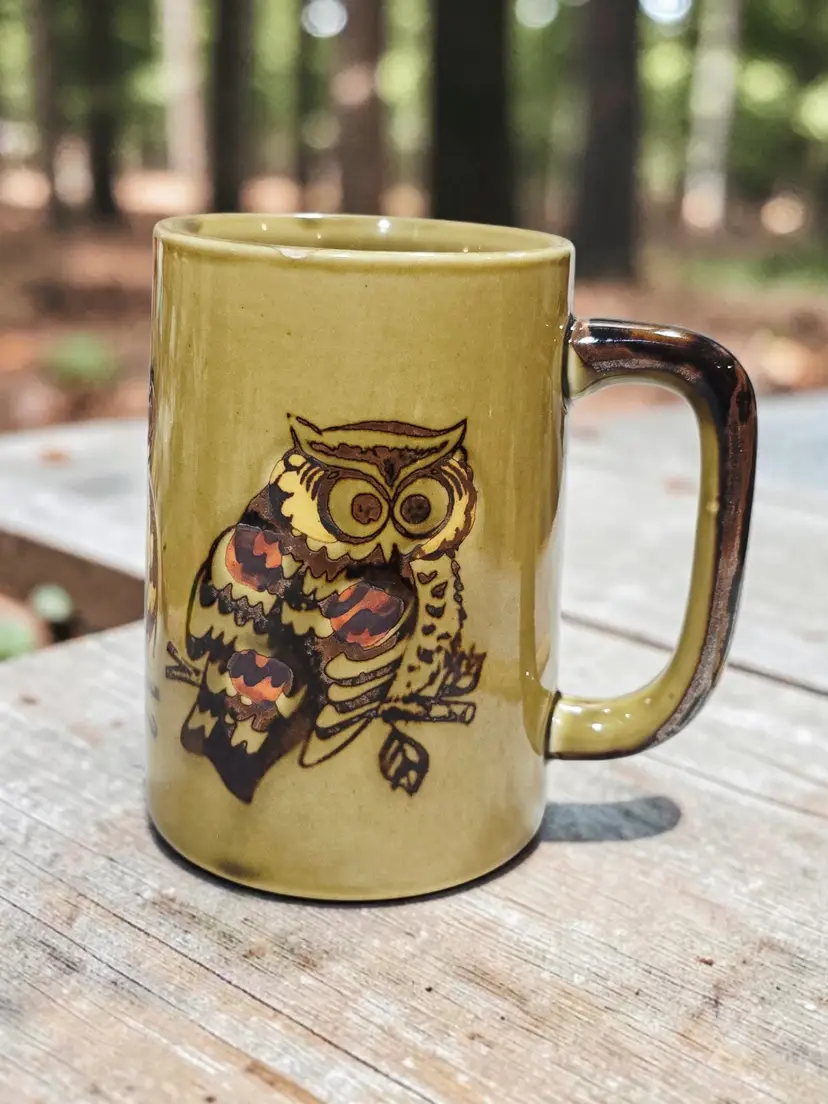 Vintage Owl Mug Cup Otagiri Speckled Stoneware MCM Olive Green & Brown Owl