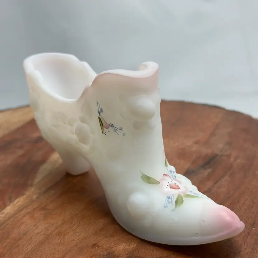 Fenton White Satin Glass Shoe Slipper Hand Painted Pink Flowers Signed D Cutshaw