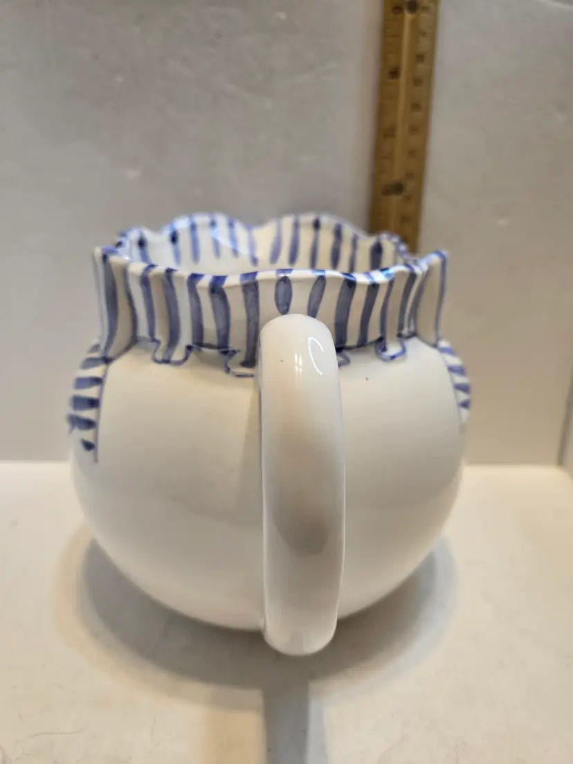 1989 Haldon Group Blue Stripe Bow Ceramic Pitcher – Japan, 48 oz Cottage Style