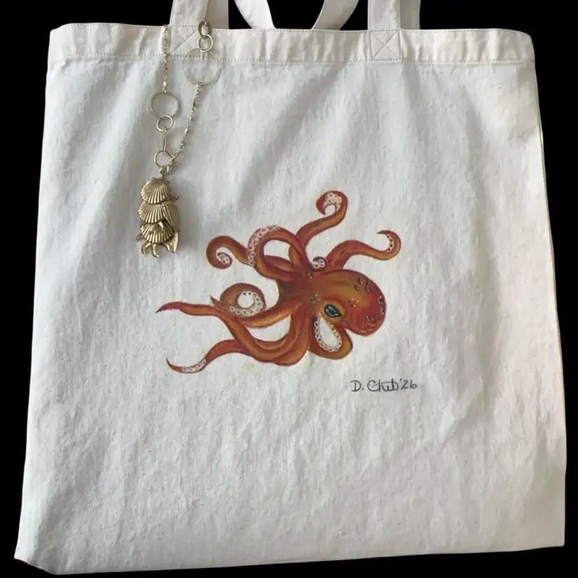 Octopus Artwork, Card, And Seascape Charm Tote Bag 14.5”x14.5” Cotton Canvas with Original Watercolor Octopus Artwork, Card, And Seascape Charm