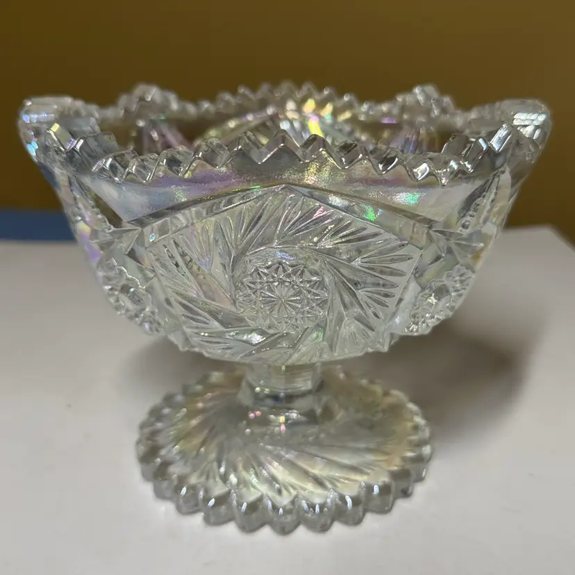 L.E. Smith Iridescent “Comet in the Stars” Carnival Glass Compote 5” tall