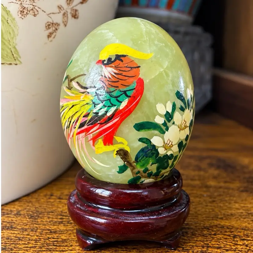 😻 Chinese Hand-Painted Colorful Pheasant Bird Jade Stone Miniature Egg w/ Wooden Stand 2”