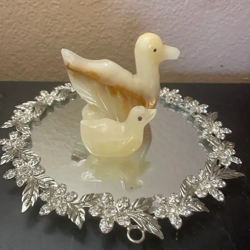 Gorgeous Carved Variegated Onyx Mother-Child Duck Duo Sculpture From Italy