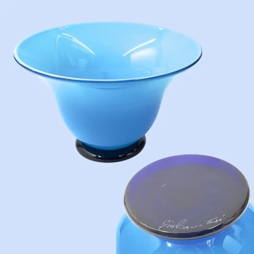 #082- Art Glass Bowl signed Guiliano Tosi Murano Italy Blue Console Flower Vase