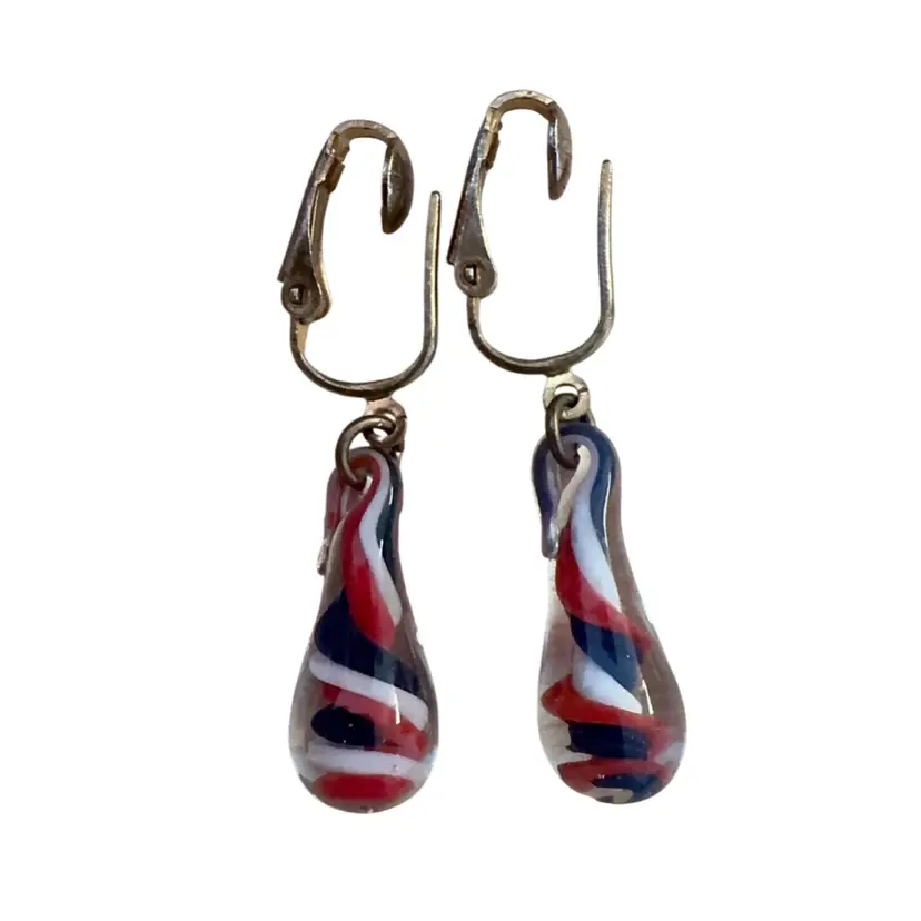 Vintage patriotic clip-on earrings featuring hand-blown lampwork glass teardrops.