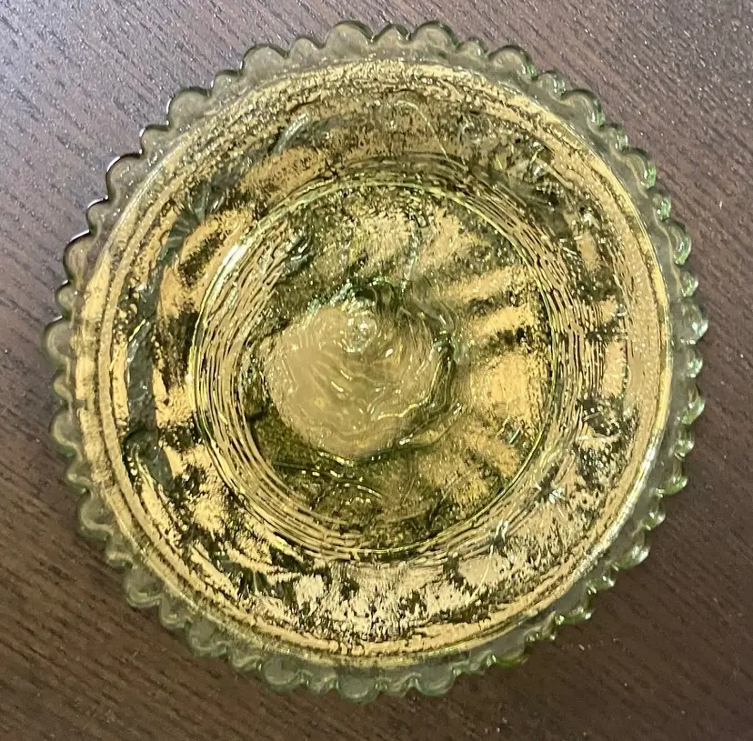 VTG Yellow Pressed Glass Rose Scroll Coaster Butter Pat Plate