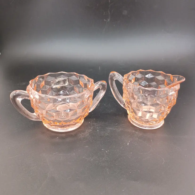 Jeannette Glass cubist pattern cream and sugar