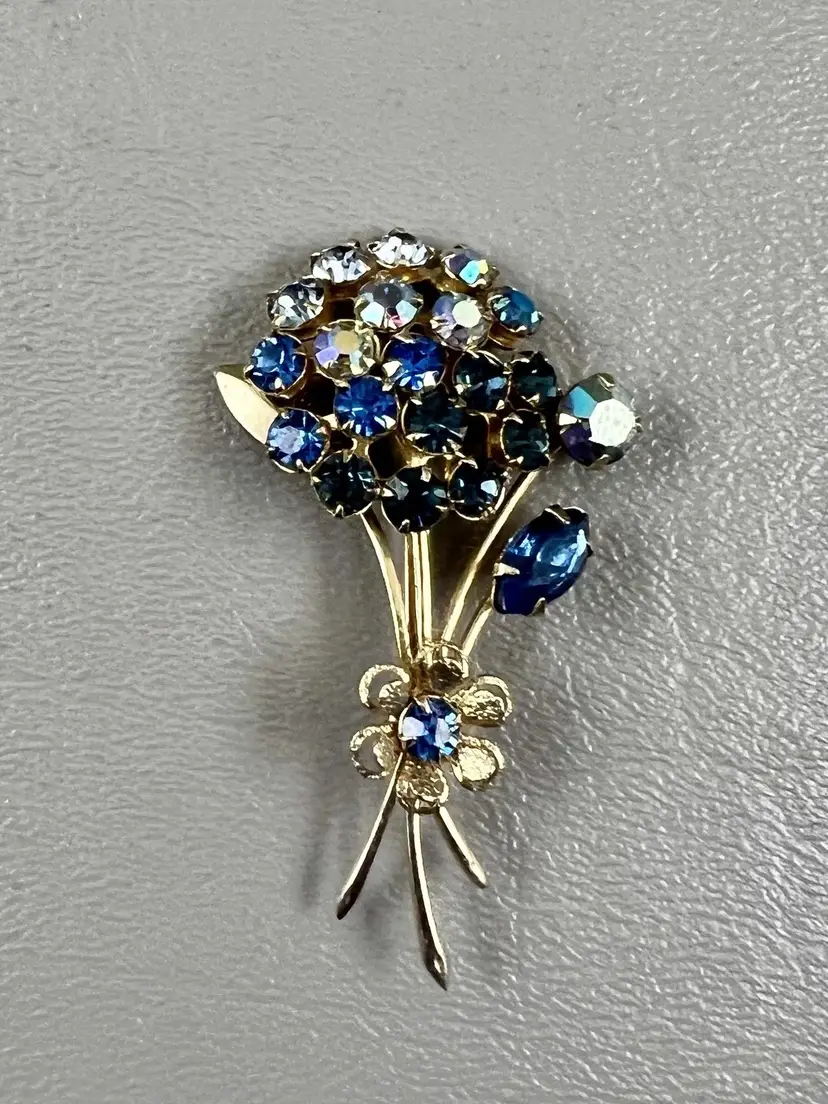 Vintage Blue Rhinestone Flower Bouquet Brooch Pin Gold Tone Aurora Borealis AB