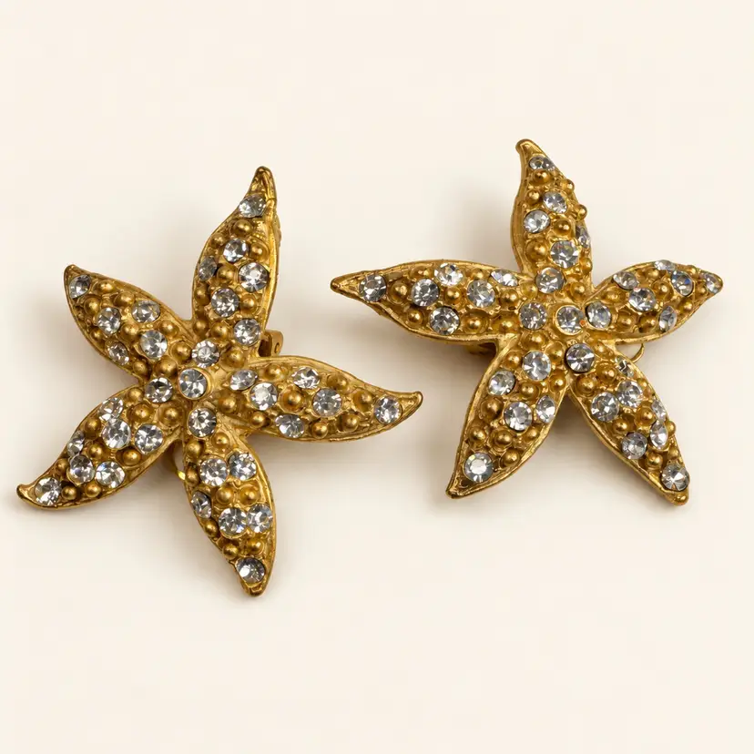 Signed Norma Jean Gold-Tone Rhinestone Starfish Clip-On Statement Earrings