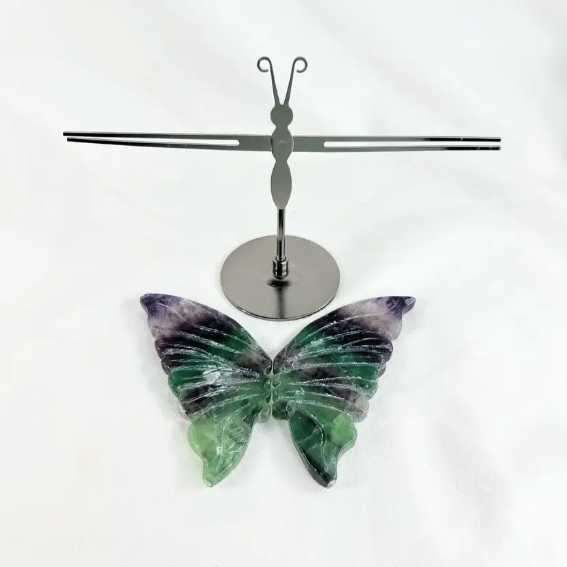 Fluorite Butterfly Wings 🦋 w Metal Stand- Carved Crystal Stones