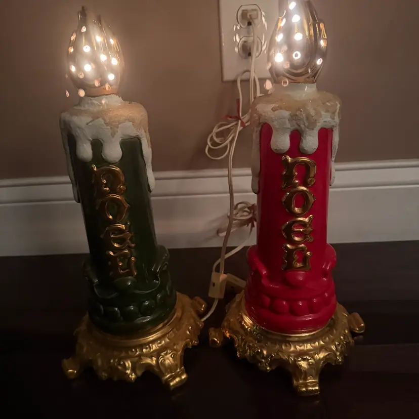 2 Vintage Mid Century Lighted Ceramic Christmas Candle Lamps 14.5”