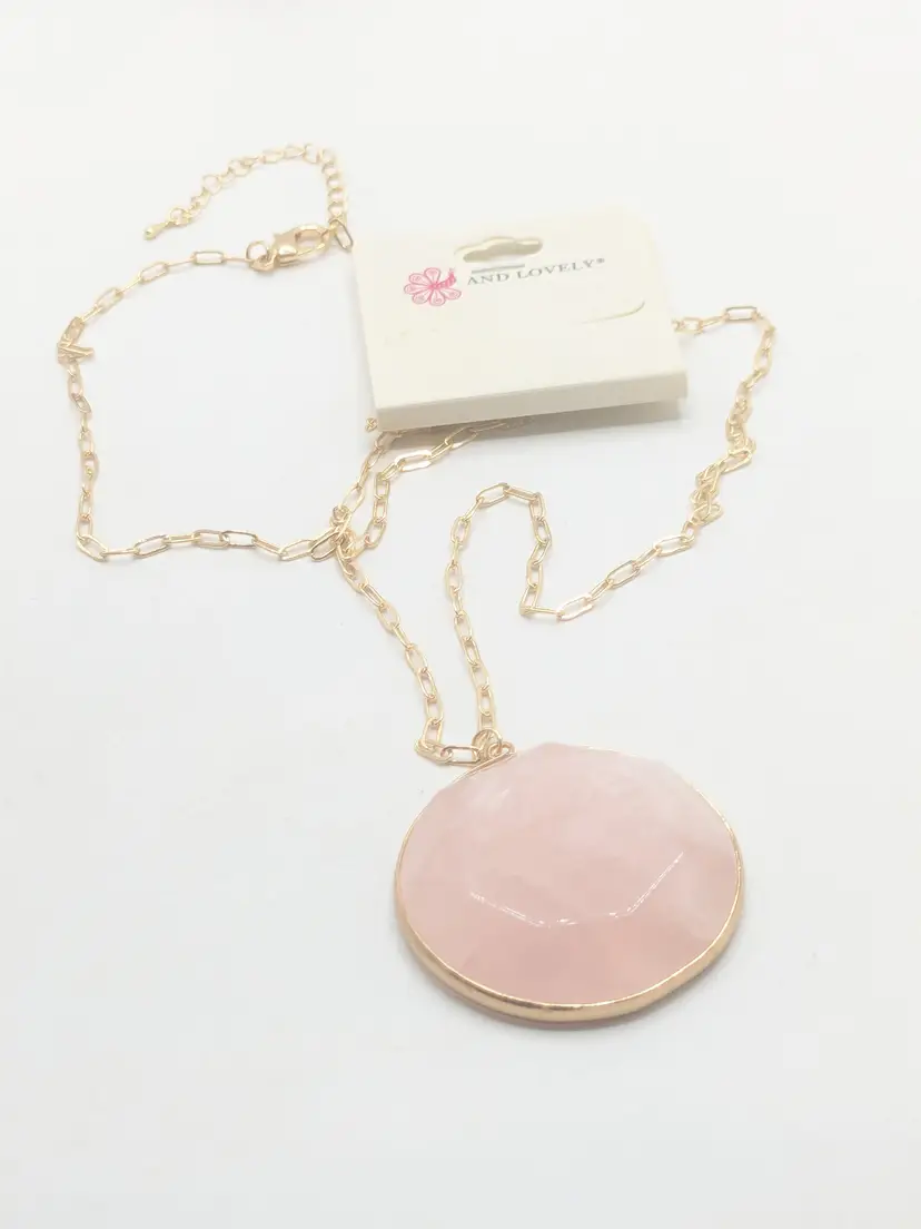And Lovely Gold Tone Chain with Rose Quartz Pendant Necklace NWT