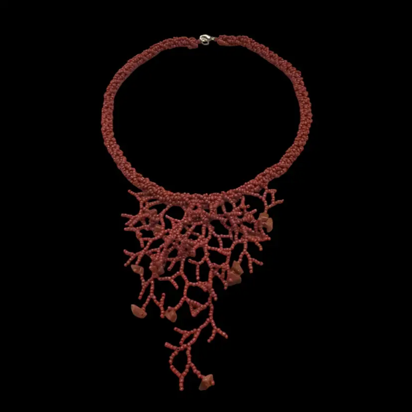 Artisan Made Oxblood Red Glass Bead Dyed GoldTone Chip Coral Branch Boho Beachy Design Necklace 18”