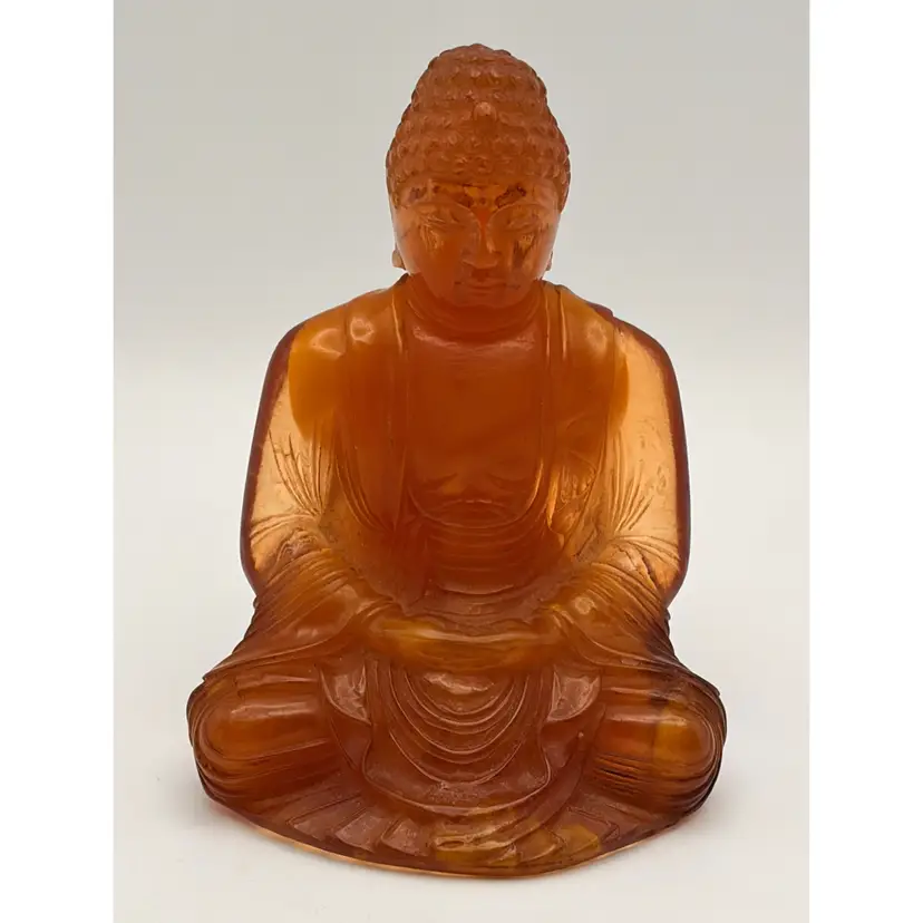 Vintage Lucite Amber Praying Buddha Statue Figurine 4.25”
