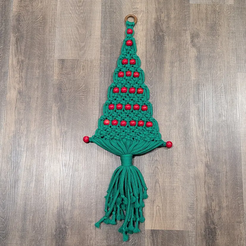 Vintage Macrame Christmas Tree Wall Hanging Green & Red Wooden Beads Handmade