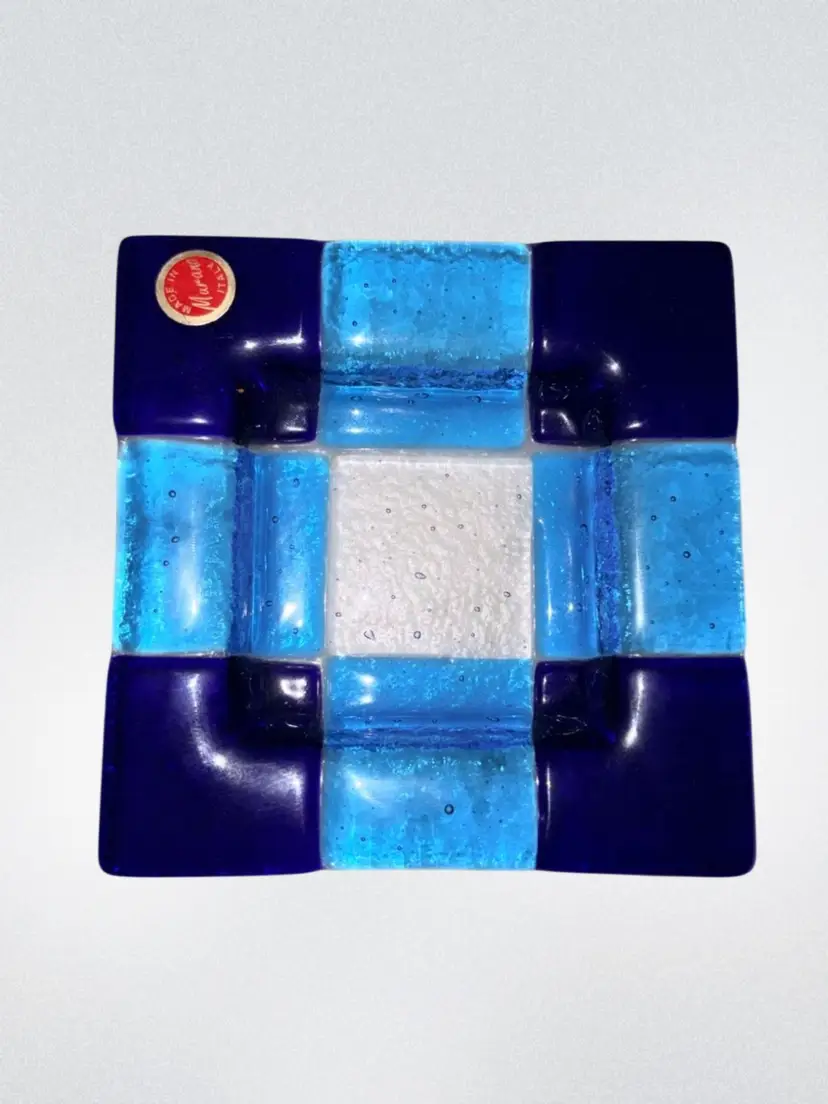 Fused Glass Square 5x5 Trinket Dish Blue Patchwork Made in Murano, Italy- Original Sticker - The Blues Are Chefs Kiss