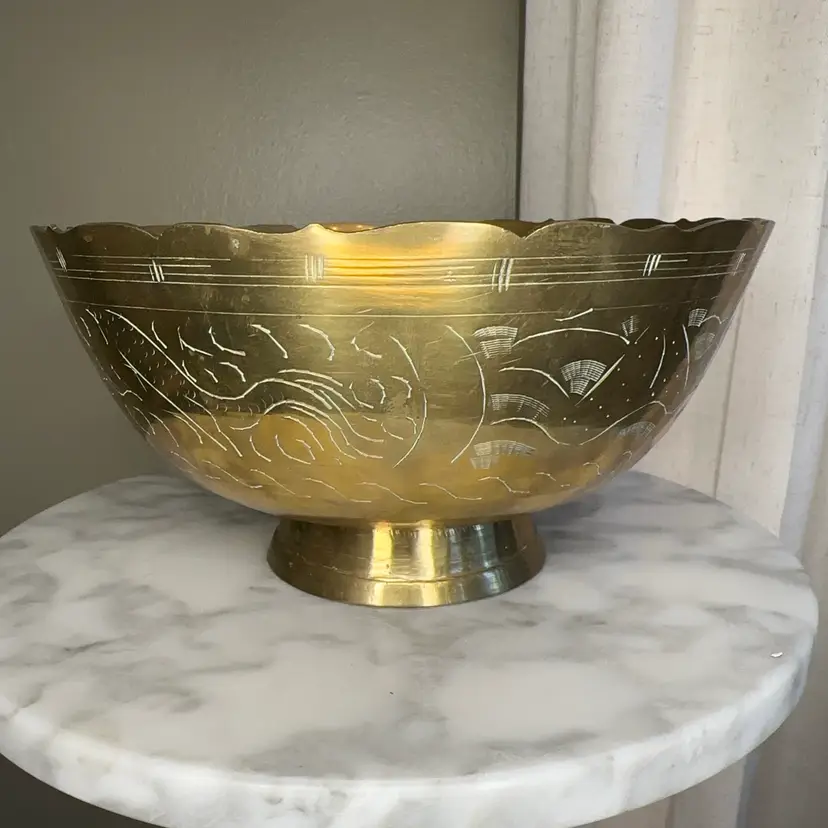 🔔 Vintage Chinese Brass Engraved 8” Pedestal Bowl