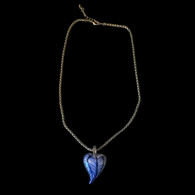 Stainless Steel Chain Necklace W/Blue Glass Heart Pendant 21 Inches Long