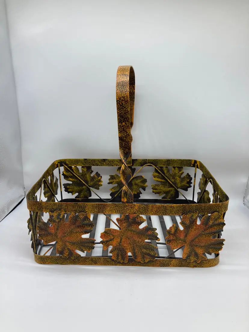 Metal Basket Painted Autumn Leaves Wire 11.5”X 7.5”X 4” Decorative Basket