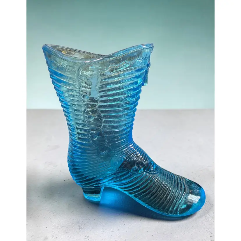 Vintage MidCentury L.E. Smith Sky Blue Pressed Glass Victorian Ribbed Boot Novelty Figurine - Toothpick Holder - Vase
 4” x 4.25”