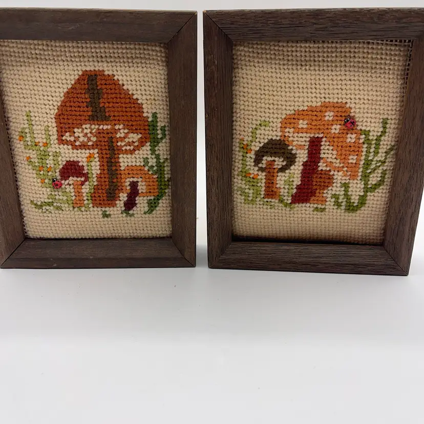 46-Cross Stitch Framed Mushrooms, 6” X 5” Set Of Two