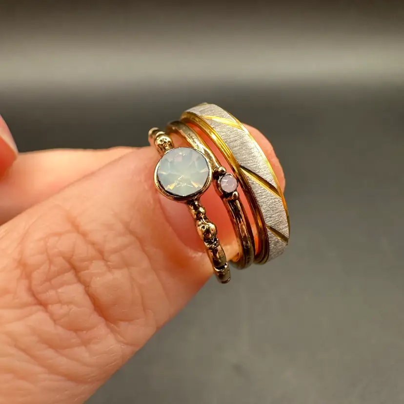 Trio Of Ethereal Pale Rhinestone Rings, Size 7-7.25 Mixed Metals