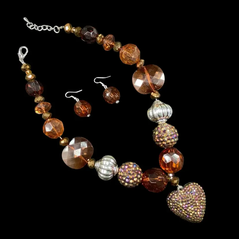 Chunky Heart Pendant Necklace Earrings Set Amber Brown #04