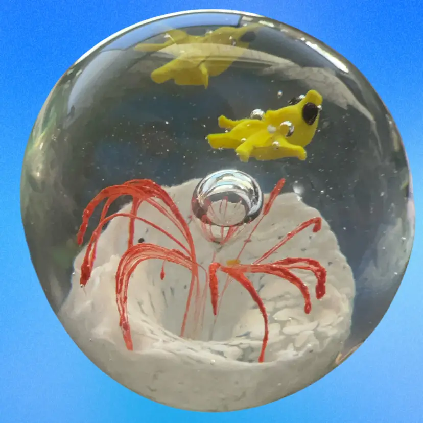 Mini Paper Weight 2” Orange Flower Controlled Bubble And Yellow Sea Squid Unmarked Good Condition As Pictured
