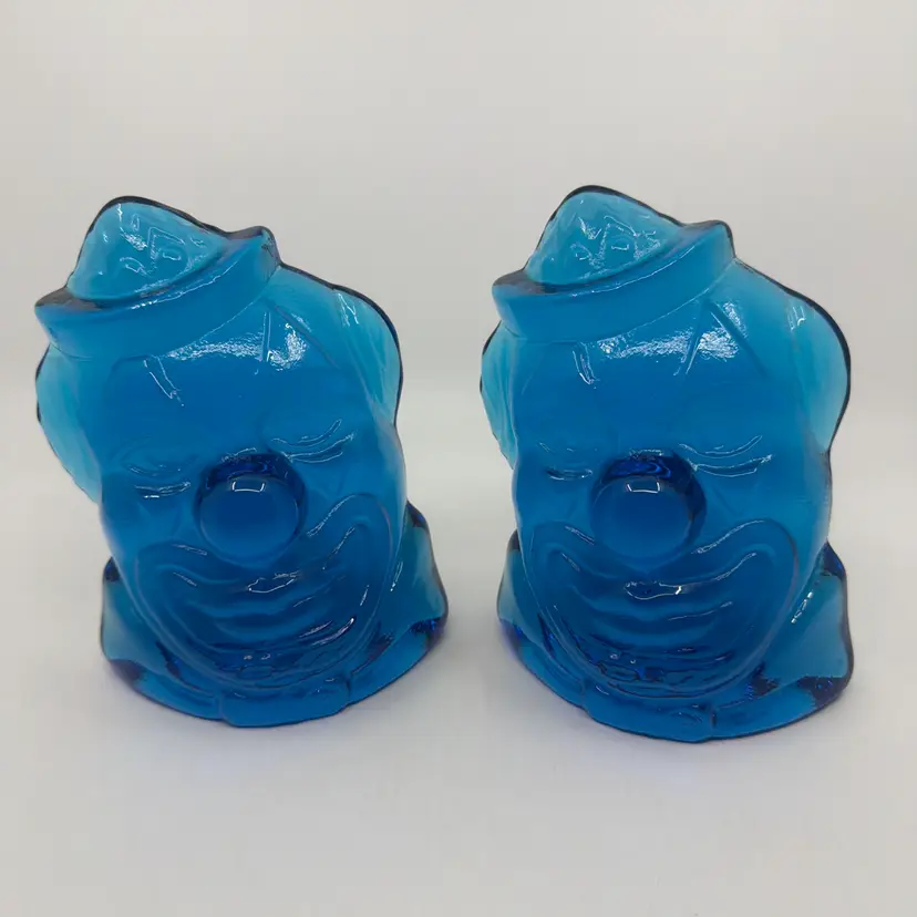 Pair Vintage Wheaton Clown Blue Glass Bookends 6”