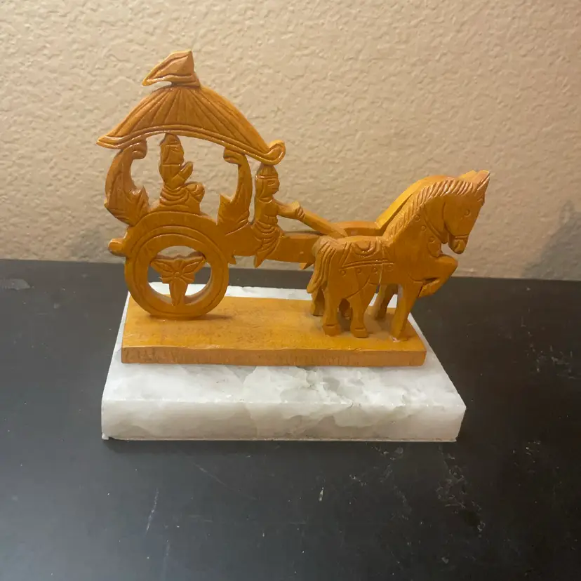 Hand carved 6” Genuine Sandal Wood horse-drawn Lord Krishna chariot figurine From India